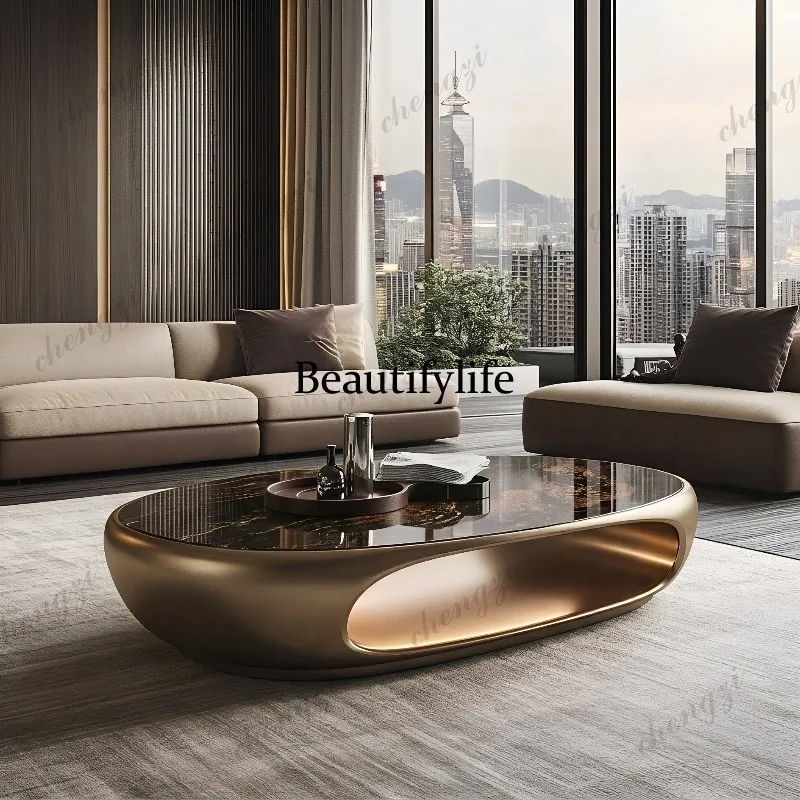 Italian light luxury oval coffee table open storage with ambient light living room microcrystalline stone tea table