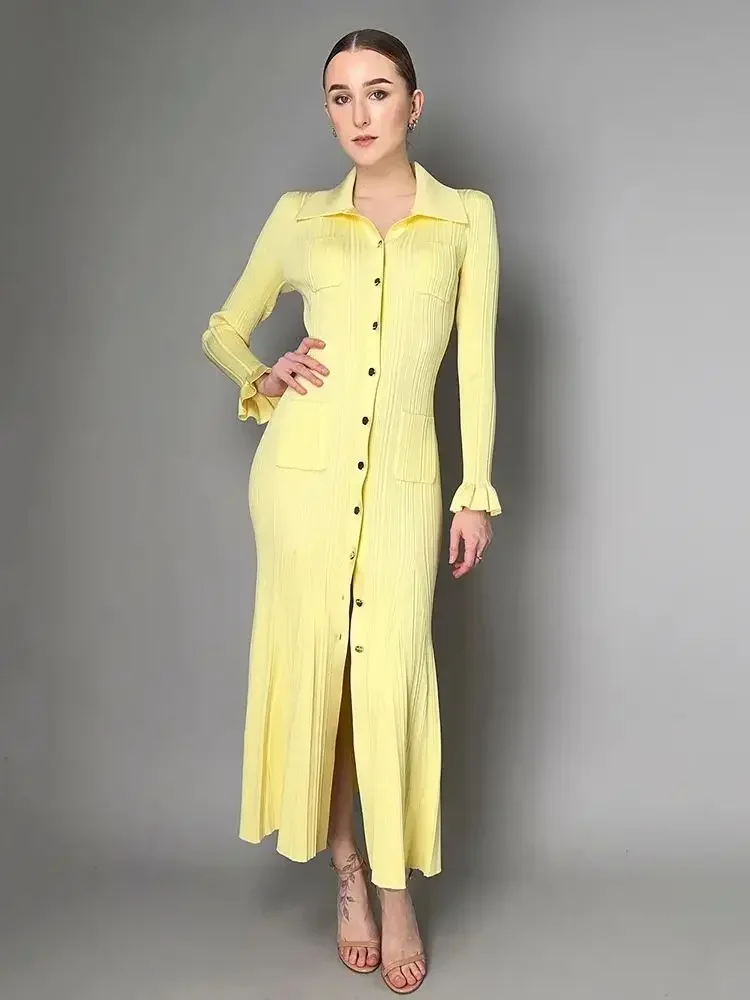 

2024 New Summer Women's Yellow Button Lapel Elastic Ribbed Knitted Sexy Tight Midi Dress Elegant Celebrity Party Evening Dress