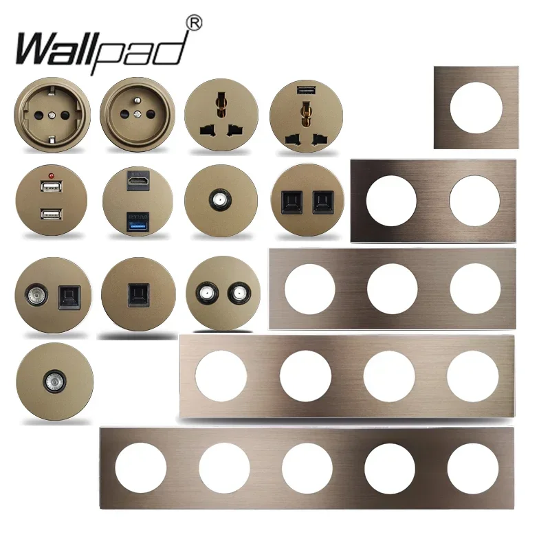 EU French Wall Socket USB Charger Power Outlet Brown Brushed Aluminum Matte Plate L6 Modules Free Combination