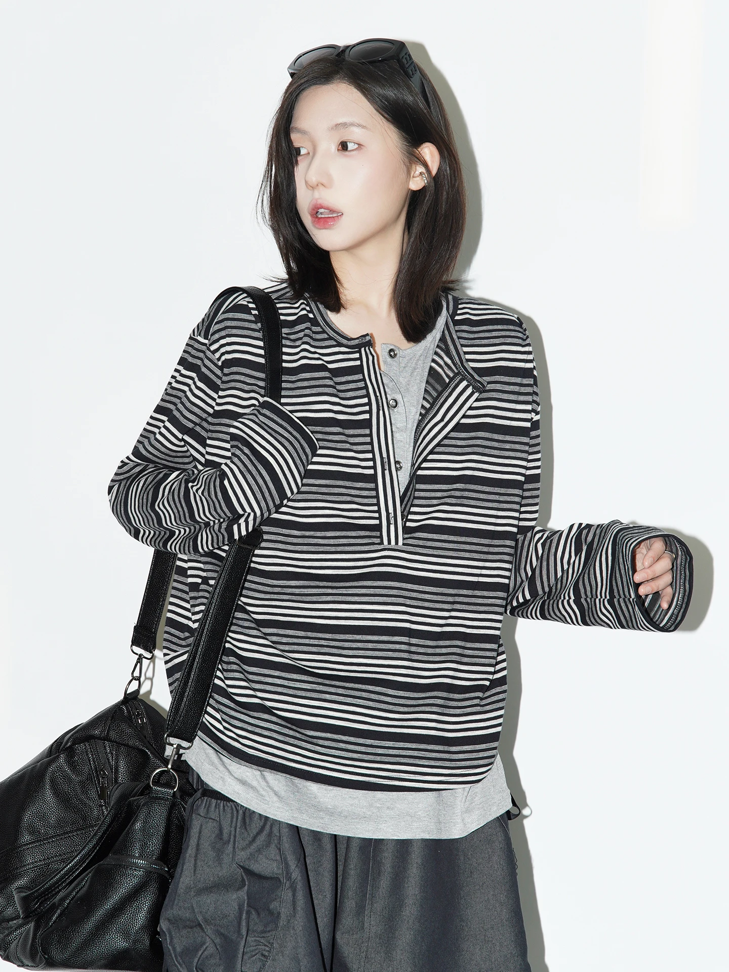 Gravity Museum Long Sleeve T-Shirt Women Loose Striped Top Half Open Collar Splice Color Block Breathable Moisture Wicking