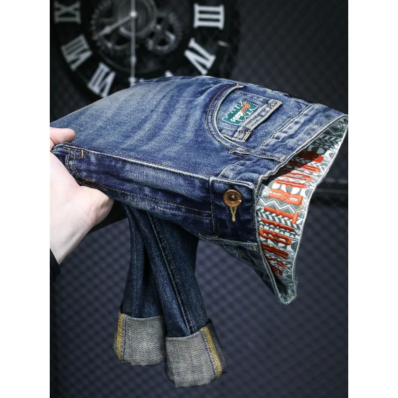 2024 New High-End Embroidery Jeans Men\'s Slim-Fitting Small Straight Loose Fashion Trendy Leisure Washed-out Blue Pants