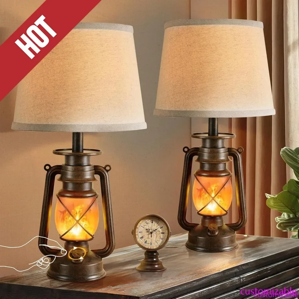 

Customizable-LEDIARY 18.72" LED Vintage Lantern Flickering Flame Table Lamps For Bedrooms Set Of 2, Small Farmhouse Rustic Vinta