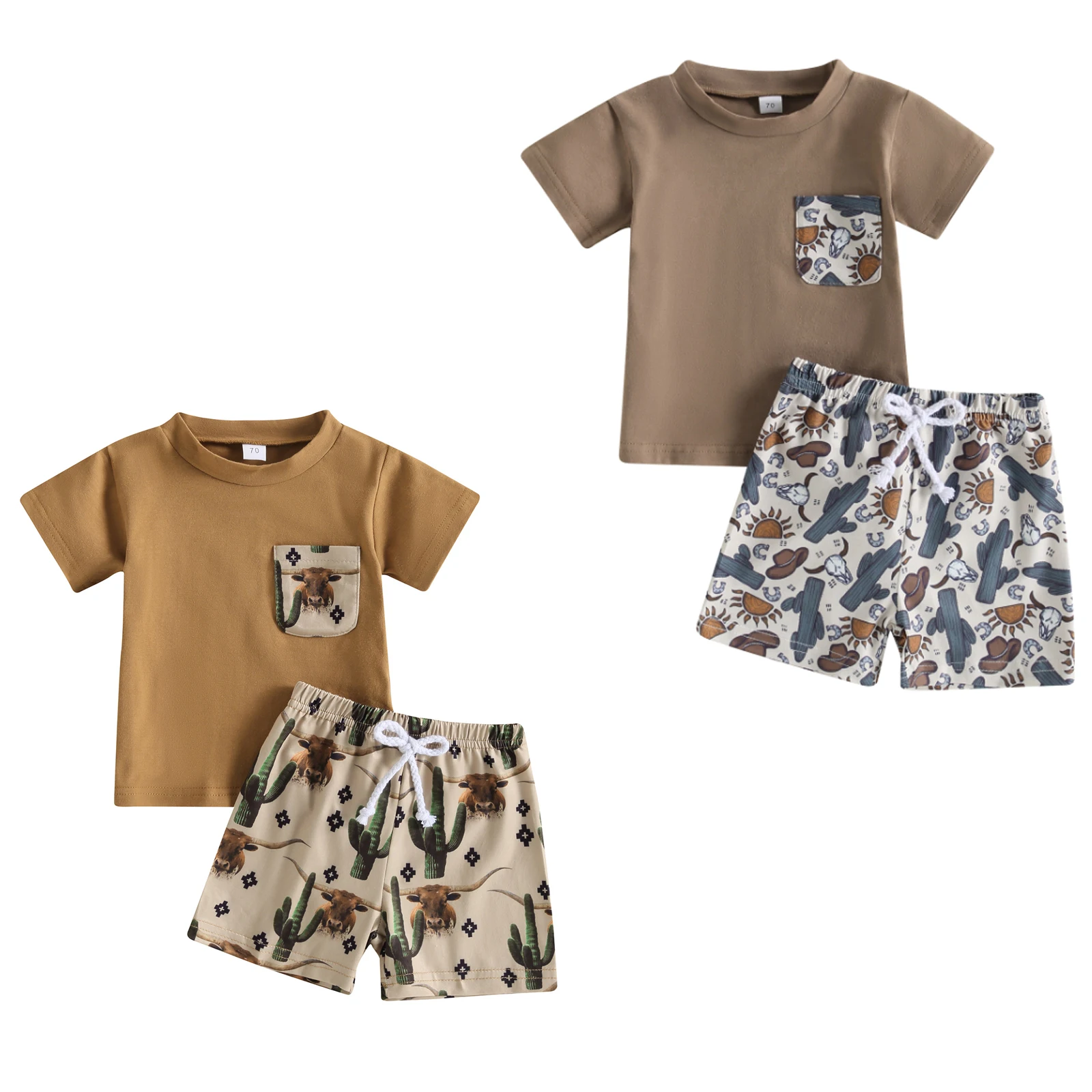 

2023 New Western Baby Boy Summer 2Pcs Clothes Cow Print Short Sleeve T-Shirt Casual Drawstring Shorts Toddler Boy Outfits 0-3T