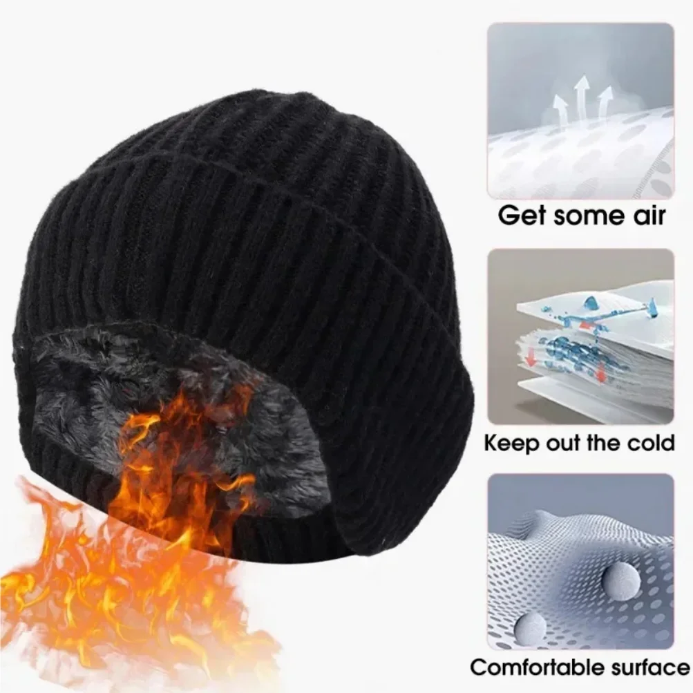 Winter Warm Knit Beanie for Men Fleece Lined with Ear Protection Thickened Soft Polyester Beanie