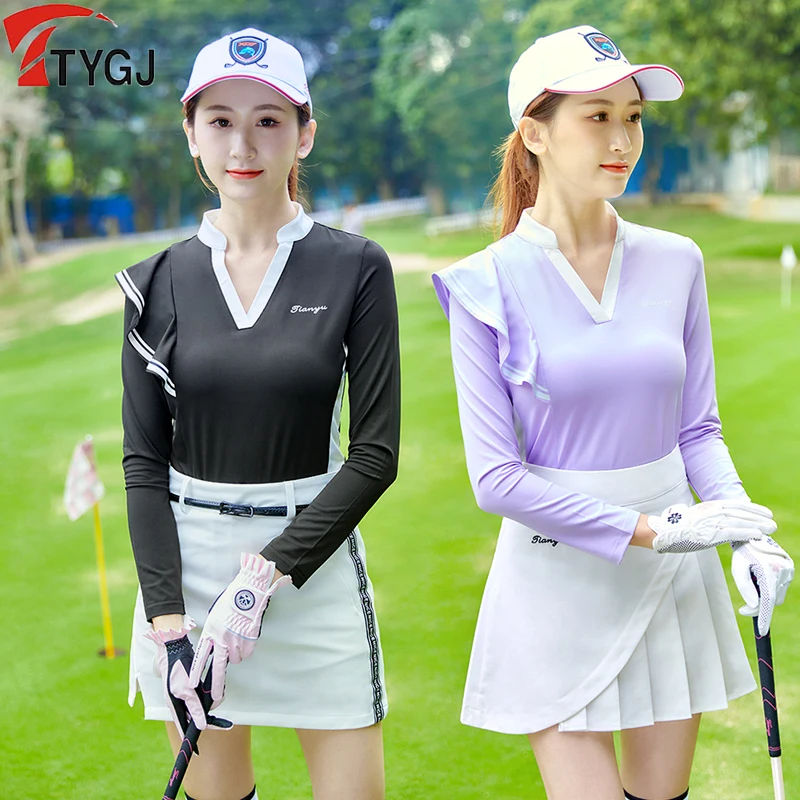 TTYGJ Women's Golf Sunscreen Long Sleeve T-Shirt Ruffle V-Neck Spring Fall Top Ladies Breathable Lesure Shirts Golf Apparel