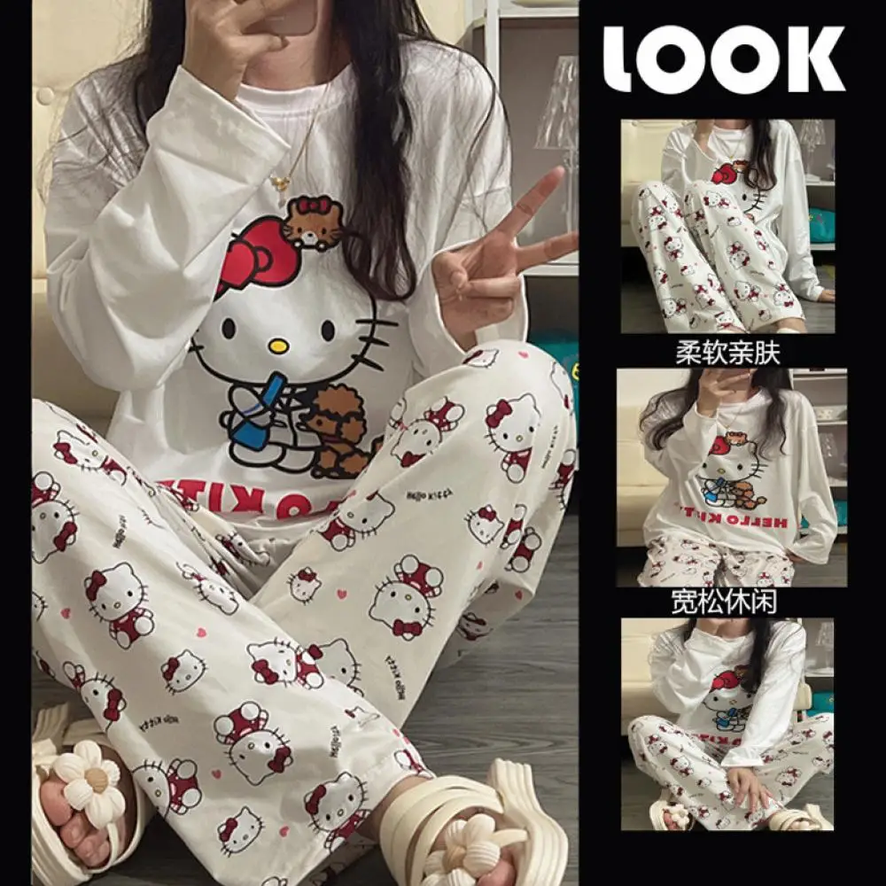 Kawaii Hello Kitty Girls Cotton Pajamas Suit Sanrios Cartoon Spring Casual Home Wear Anime Comfortable Long-Sleeved Nightclothes