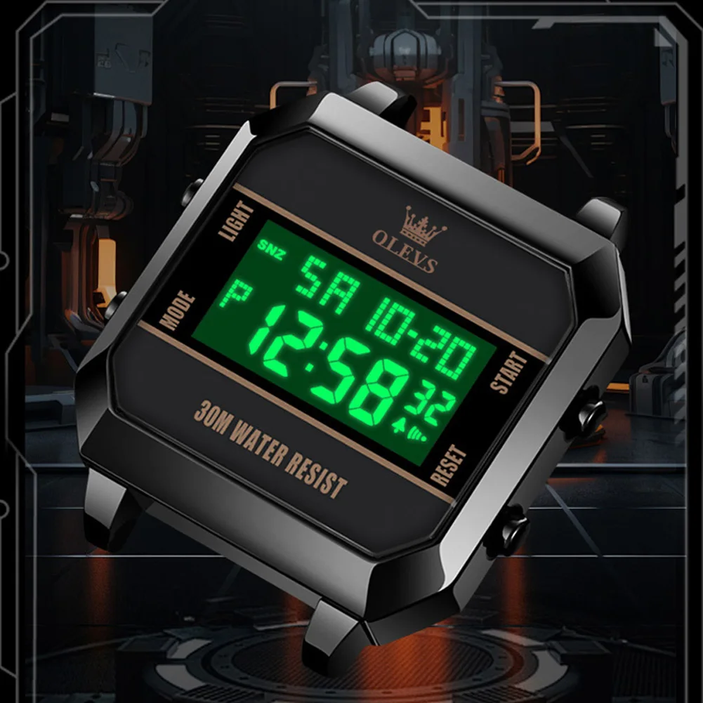 OLEVS 1103 Electronic Quartz Watch for Men Fashion Square Dial Calendar Alarm Stopwatch Luminous Waterproof Sport Man Wristwatch