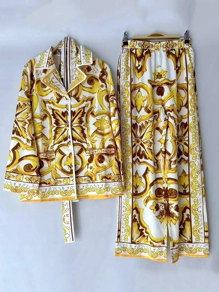 Pyjamastijl retro geometrische print stropdas taille-cincerend los overhemd tweedelige set 2025, herfst dameskleding + wijde pijpen broekset