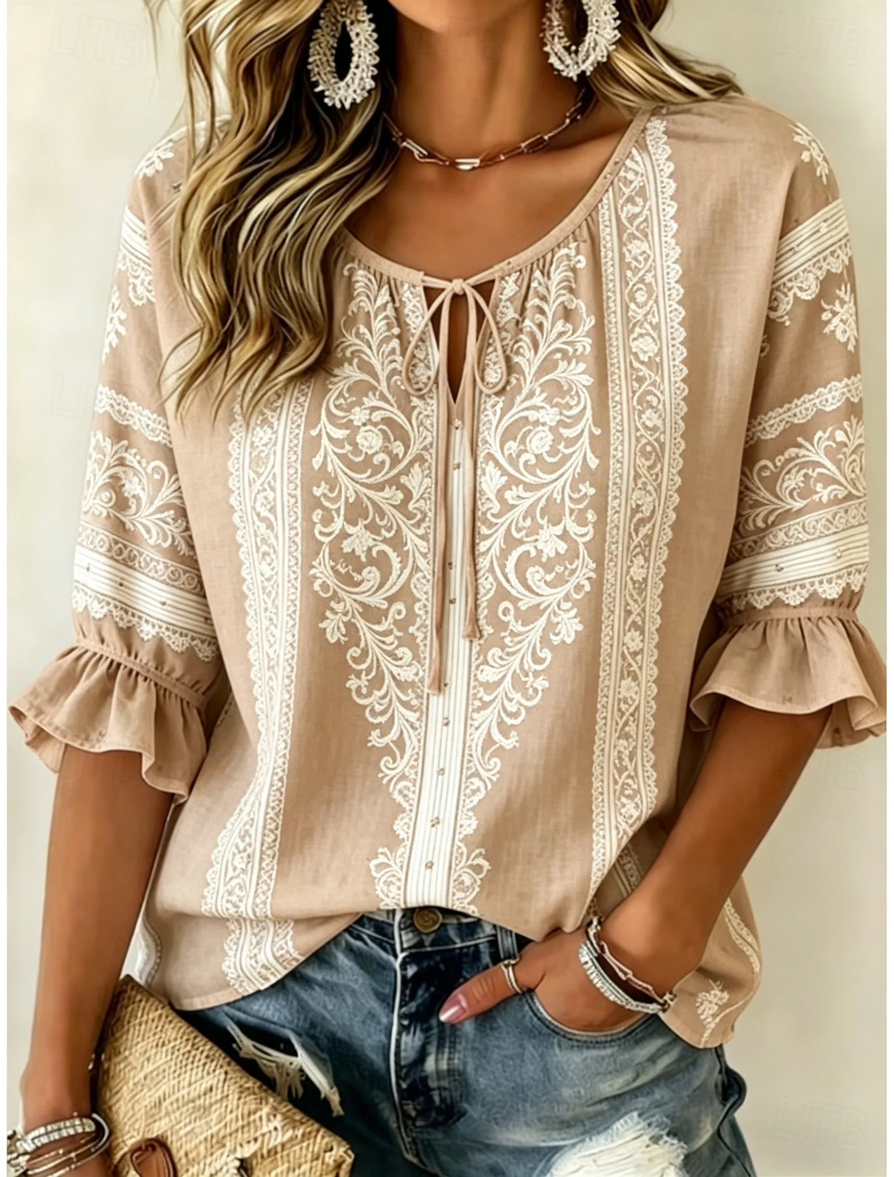 

Women's Beige Ethnic Floral Print Tie Front Blouse, Casual Loose Top for Spring Summer Daily Wear