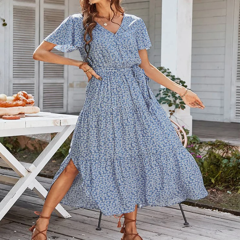 Plus Size Women's All-Over Printed Dress Holiday Style Layered Slit V-Neck Belted Dress