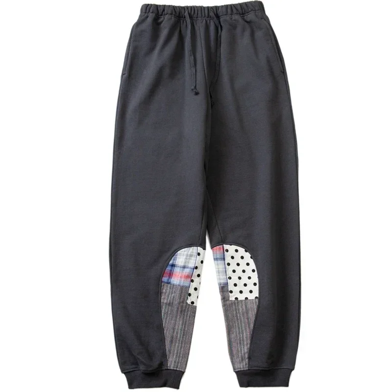 

Japanese Retro Heavy Weight Cotton Sanitary Pants Ethnic Style Water Drop Splicing Elements Men's Elastic Waist Casual