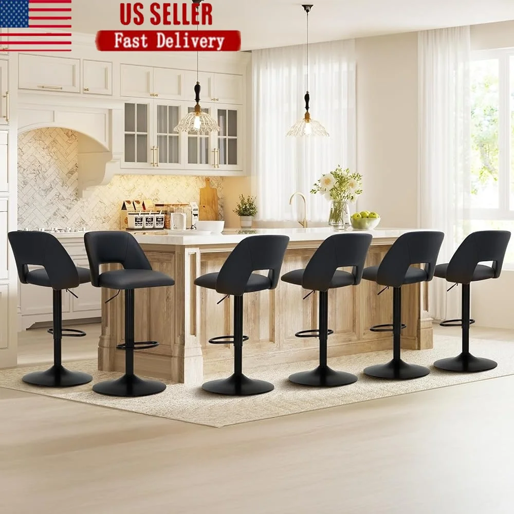 

Set of 6 Modern Adjustable PU Leather Swivel Bar Stools with Square Open Back Design Counter Height Chairs 360 Degree Rotation