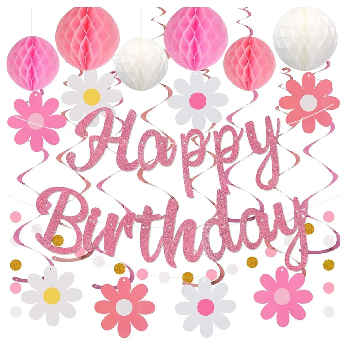 New Birthday Decoration,Pre-Strung Happy Birthday Banner with Honeycomb Ball,Happy Birthday Party Decorations for Women Girl