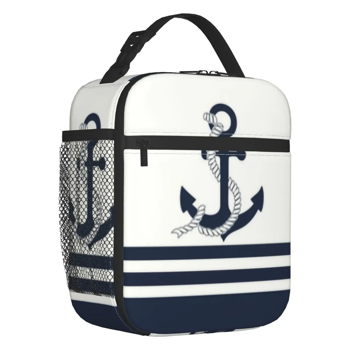 Navy Blue Stripes Nautical Anchor Boat Portable Lunch Box Women Leakproof Cooler Thermal Food Insulated Lunch Bag Office Work