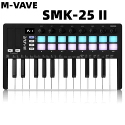 M-VAVE SMK-25 II MIDI Pad Controller Keyboard USB Mini 25 Key 16 RGB Drum Pads 8 Knobs with Music Production Software Included