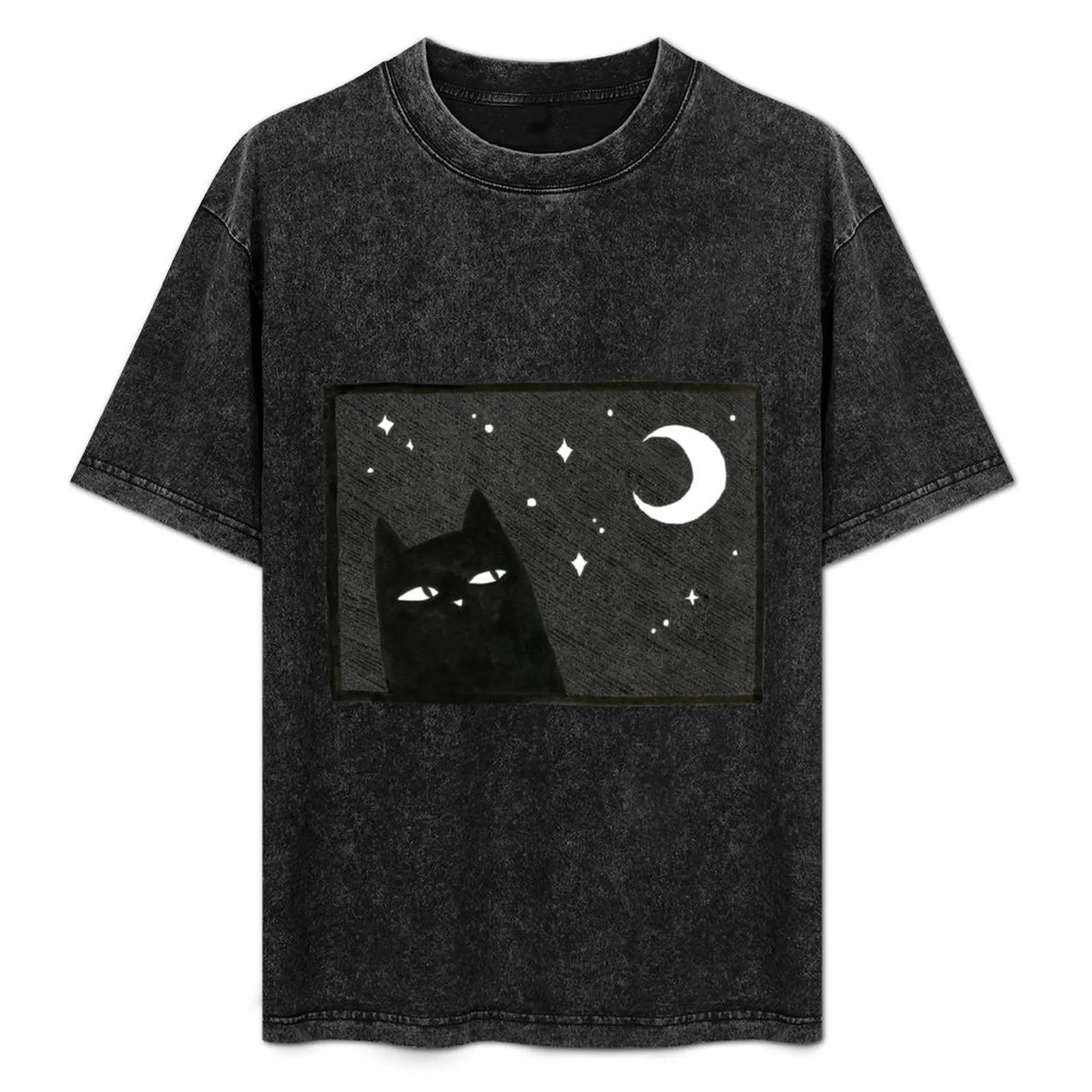 

Midnight Cat Illustration - Black T-Shirt anime summer clothes t shirts for men cotton