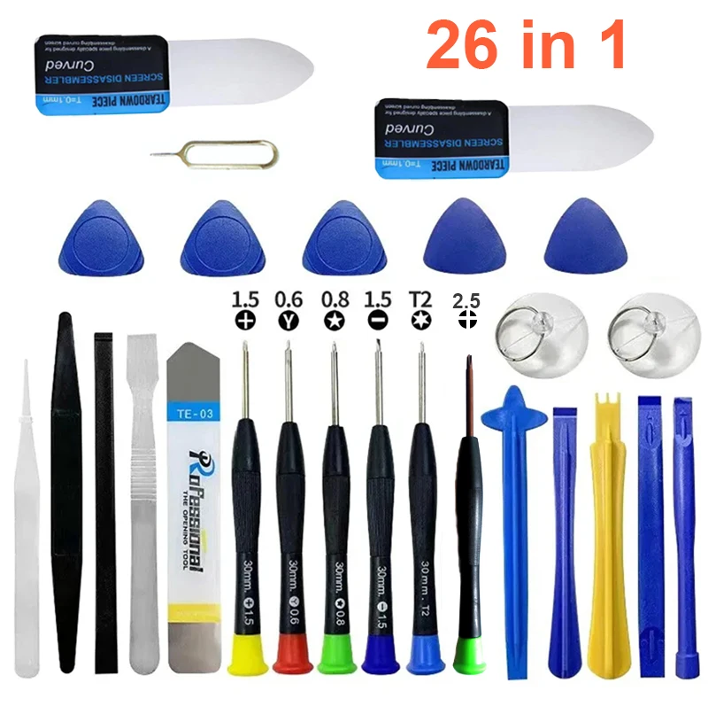 Professionelles 26-in-1 Handy-Reparatur-Werkzeugset Schraubendreher mit Bildschirmöffner Hebelwerkzeug Saugnapf für iPhone Samsung Xiaomi