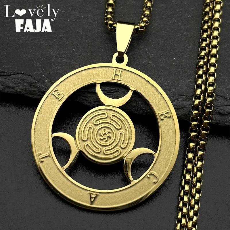 Wicca Triple Moon Goddness Hekate Wheel Stainless Steel Pendant Necklace Strophalos Hecate Magic Symbol Charm PIN Jewelry Gift
