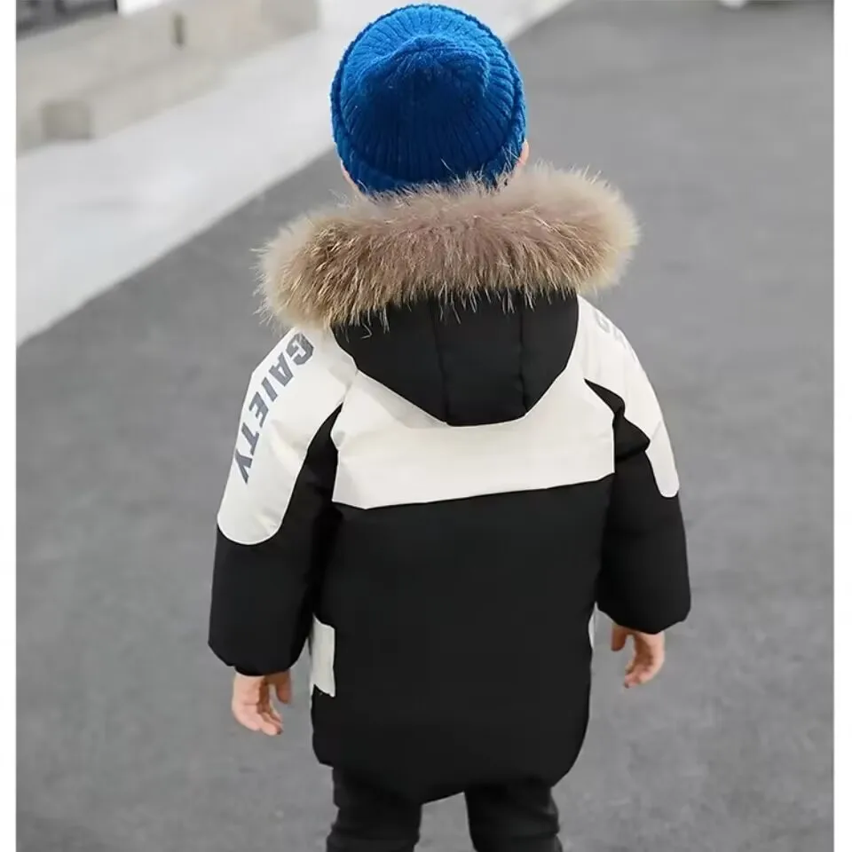 Boys Plus Velvet Jackets Winter Padded Thick Warm Cotton Clothes Kids Parka Hooded Snowsuit Coats 4-12 Years