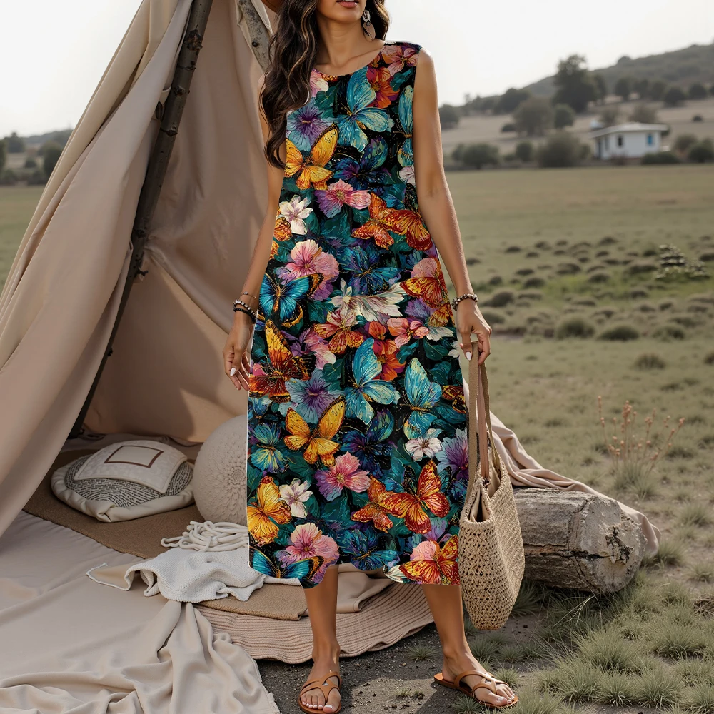 فستان نسائي جديد موديل 2025 بدون أكمام بنمط أوراق الزهور ملابس نسائية بدون أكمام تنورة طويلة