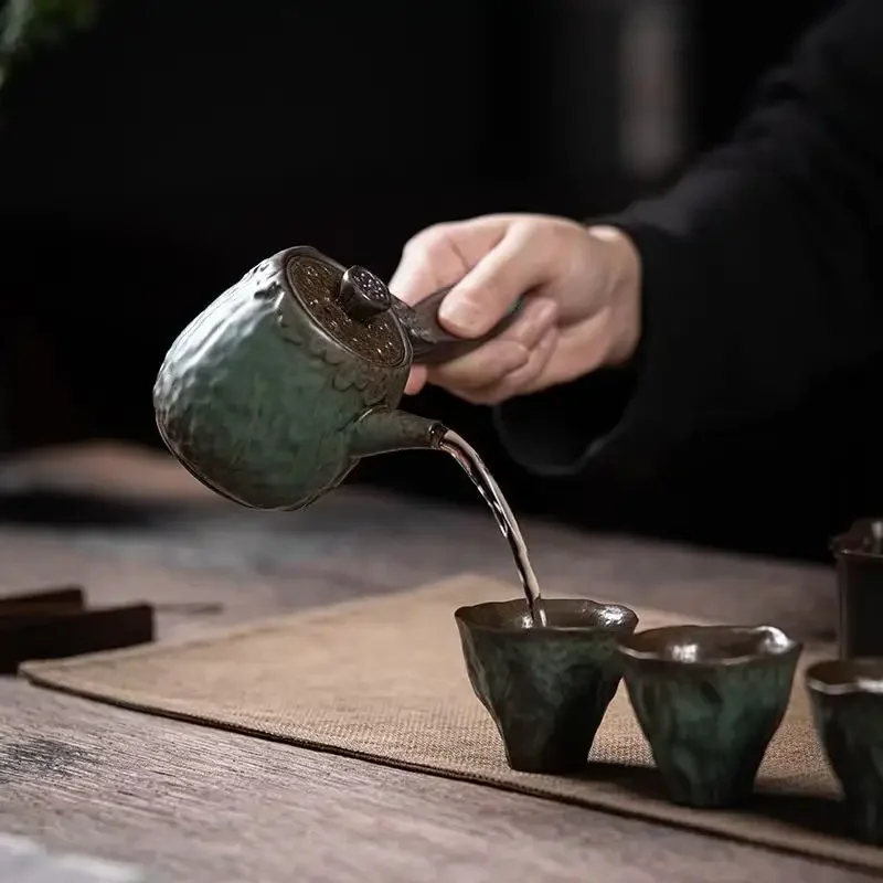180ML Kiln-transformed Qingye Antique Side Handle Pot Handmade Relief Ceramic Teapot Kung Fu TeaSet Coarse Pottery Bubble Teapot