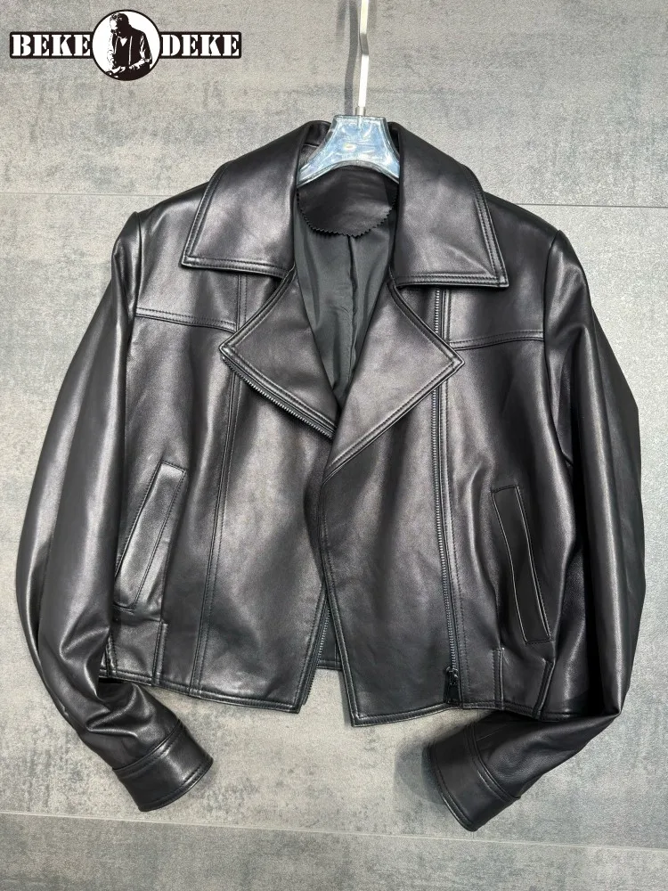 Concise Ladies Loose Zipper Short Genuine Leather Jackets Solid Color Turn Down Collar Long Sleeves Pockets Sheepskin Outwear