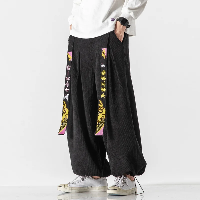 

Chinese Style Belt Fashion Loose Baggy Casual Pants Men Clothing Harajuku Corduroy Bloomers 5XL Plus Size Harem Pants Male