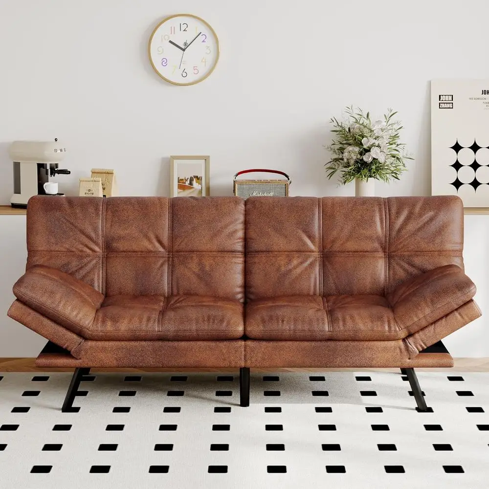

Brown Leatherette Convertible Sofa Bed with Memory Foam, Adjustable Backrest and Armrests, Multifunctional Loveseat Sleeper for