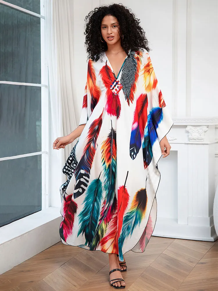 Bohomian Colorful Printed Long Sleeve Kaftan Dress Oversize Beach House Robe 2024 Summer Vacation Cozy Maxi Dresses Q1634