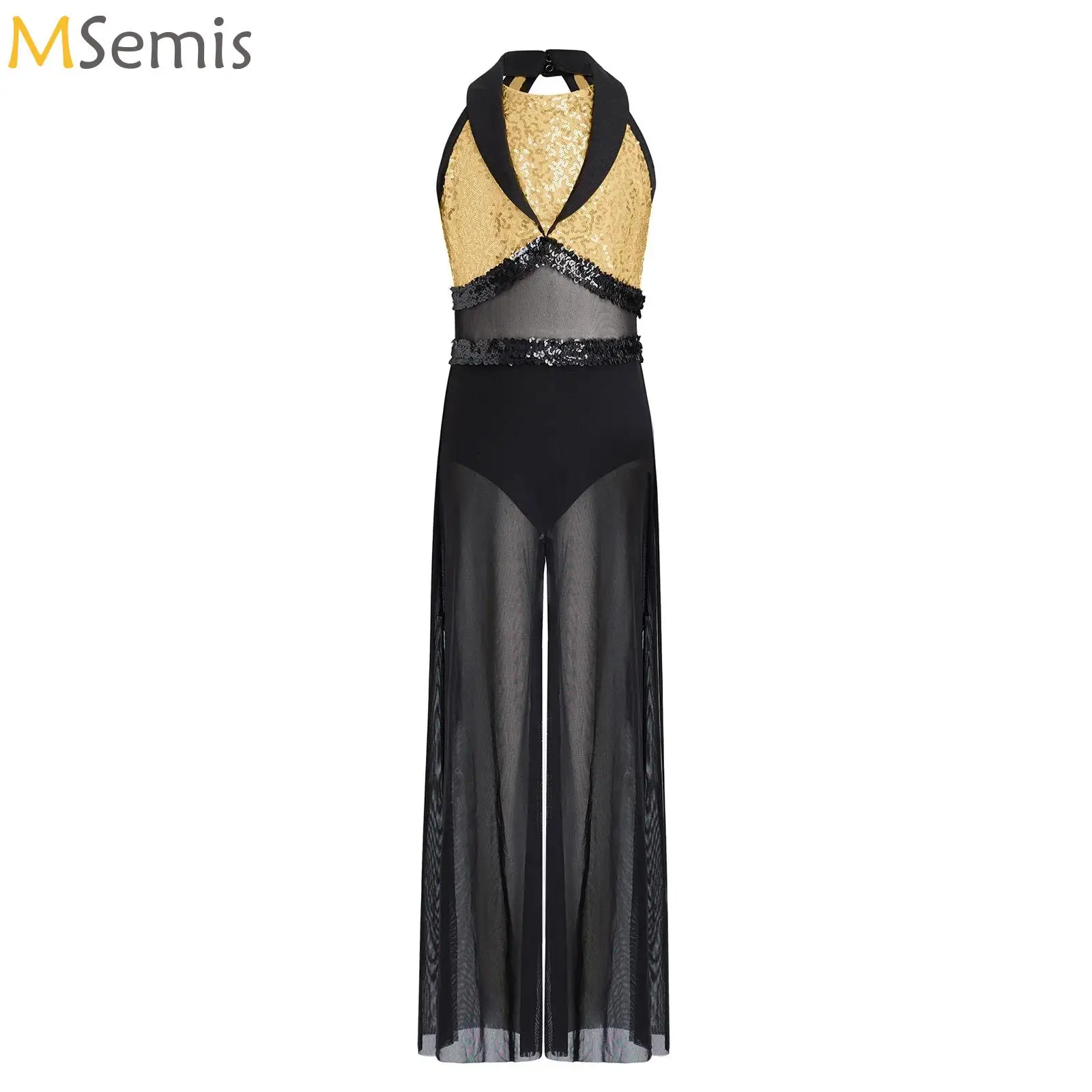 

Girl Color Block Sequin Jumpsuit Acrobatics Gymnastic Ballet Sleeveless Wide-Leg One-piece Unitard Modern Contemporary Dancewear