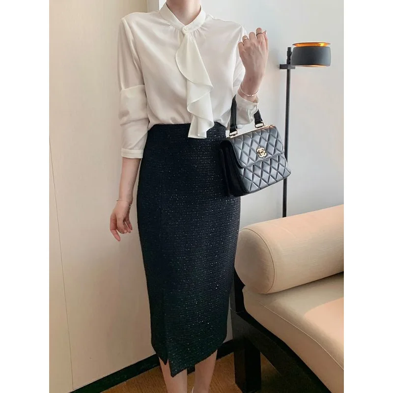 Elegant All-match Ruffles Shirt Tops Spring Autumn New Long Sleeve Loose Solid Office Blouse Temperament Fashion Women Clothing