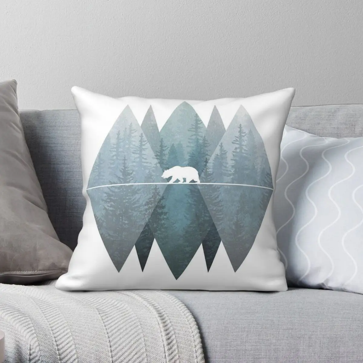 Misty Forest Mountain Bear Square Pillowcase Polyester Linen Velvet Creative Decor Throw Pillow Case Sofa Seater Cushion Case