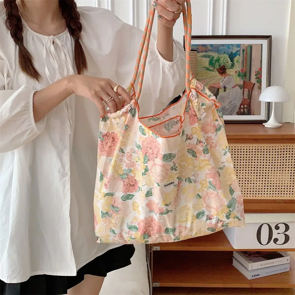 Floral Printed Canvas Shoulder Bag Portable Reusable Large Capacity Drawstring Shopping Bag Handheld Cotton Travel Tote Bag