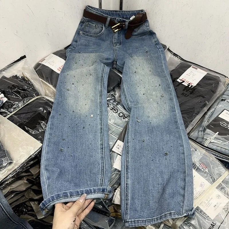 

Весна 2023. Женские узкие прямые джинсовые джинсы с высокой талией. Длинные брюки. Модные модные простые эластичные брюки.