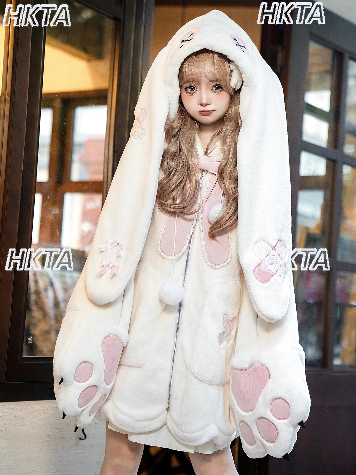 Original Lolita Furry Coat Winter New Daily Cute Girl Embroidered Hooded Warm Fur Coats Leg Warmers Set Winter Clothes Women