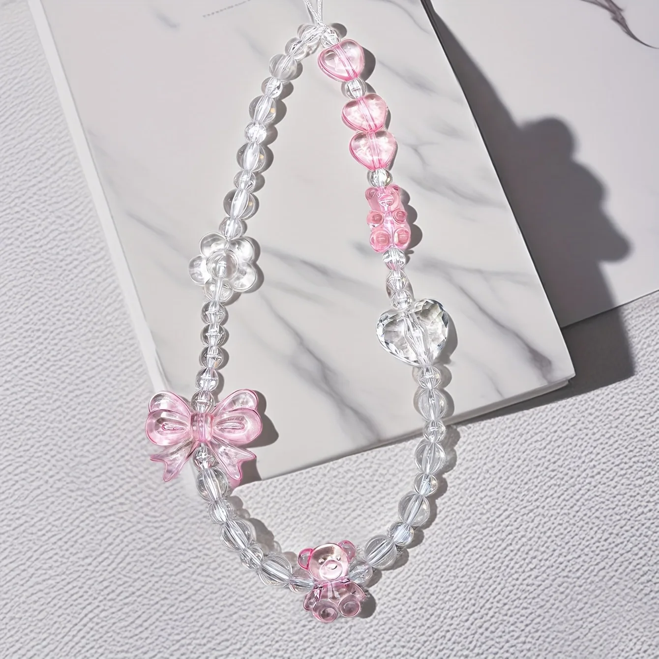 Korean Cute Pink Bowknot Bear Heart Beaded Phone Chain Charm Lanyard For iPhone Samsung Hanging Rope Girl Jewelry Decoration