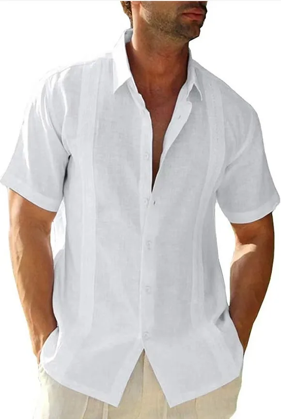 Summer Lapel Solid Color New Single-breasted Cotton And Linen Lace Men's Short-sleeved Casual Shirt Top