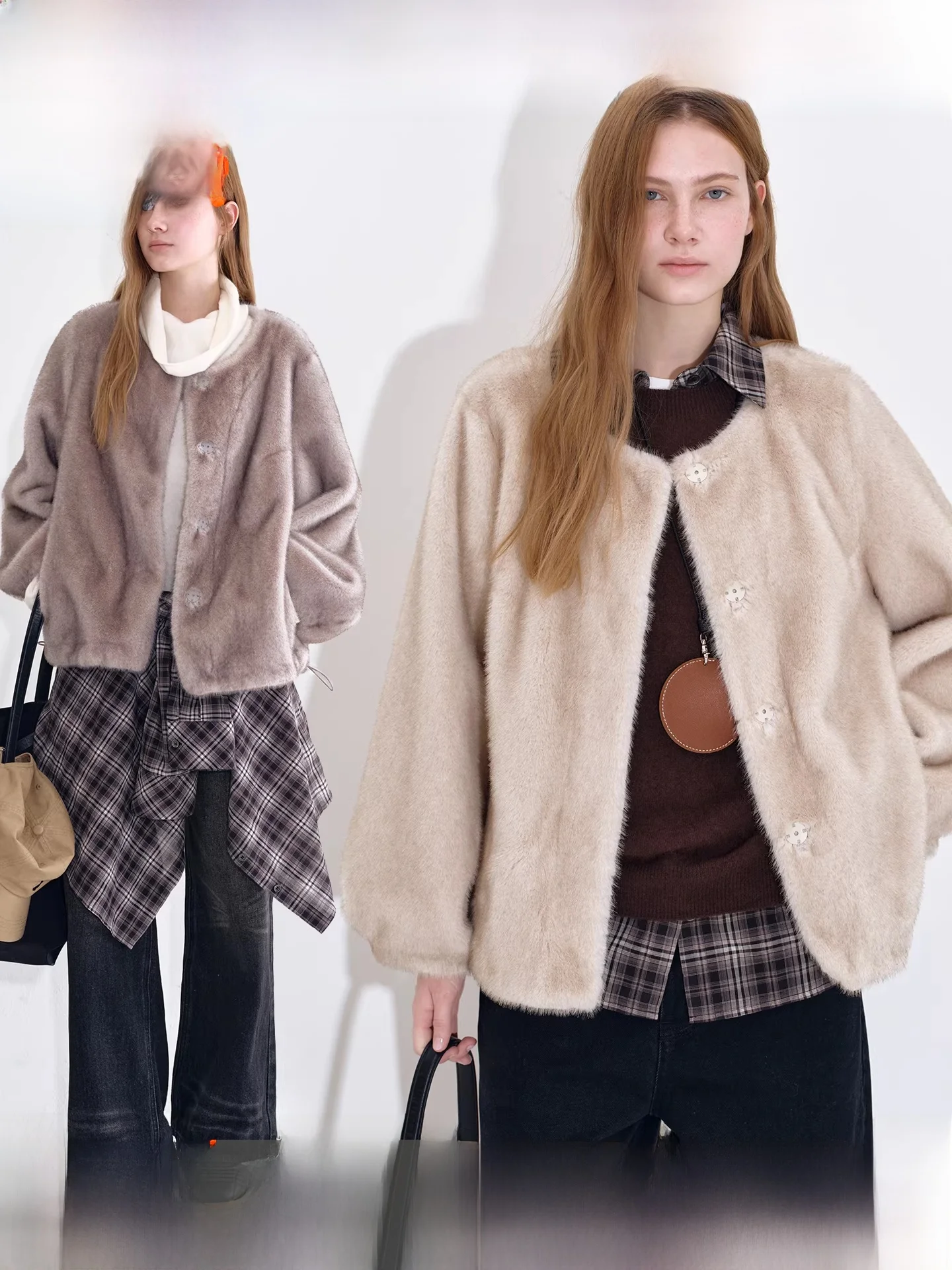 

Fano Women's Double-Colored Dye Sharp Environmental Fur Coat Lantern Sleeve Casual Style Short Length Warmth-Bearing Fashionable