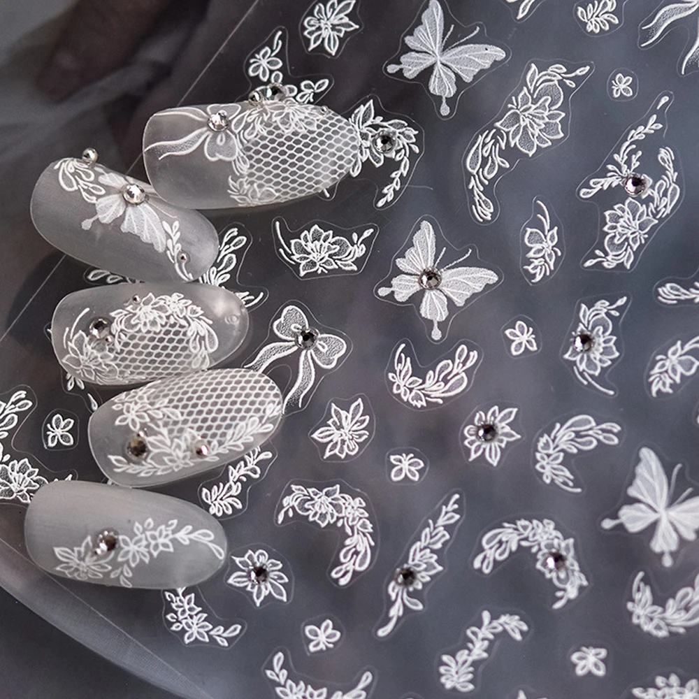 

Очаровательные полевые цветы, белая бабочка, шелковая лента, бант, хрустальные стразы, 5D наклейка для дизайна ногтей, самоклеящаяся наклейка для маникюра, сделай сам