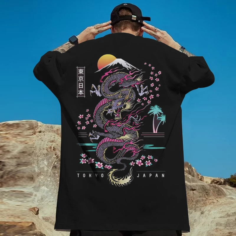 Camisetas manga corta para informales de hombre, ropa con estampado de dragón japonés 3d, de gran tamaño, Tops de calle Harajuku diarios