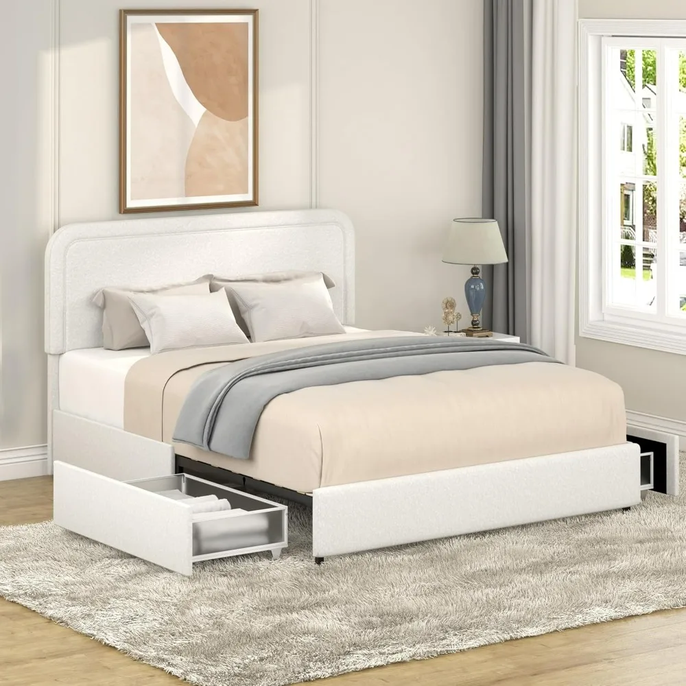 Queen Size Boucle Upholstered Platform Bed Frame, with 2 Drawers Storage, Curved Stitched Tufted Headboard, Wooden Slat Mattress