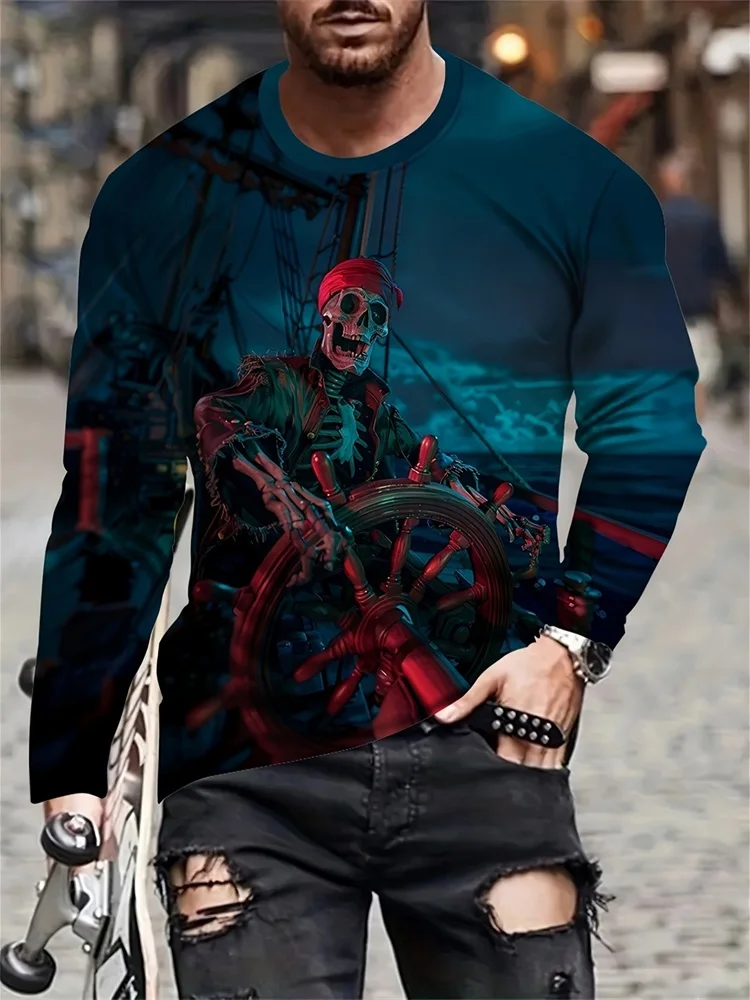 Men's Pirate Skeleton Long Sleeve T-Shirt Ship Wheel Red Bandana Graphic Tee Pullover Tops Gift New Fashion Ocean Sailing Hot