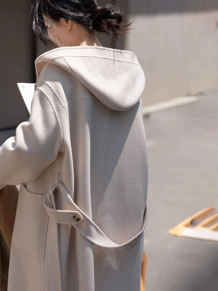 

Double-Sided Woolen Coat Women's Mid-Length Casual Hooded Outerwear Winter Faion Commute Sle Long Sve Zipper Closure