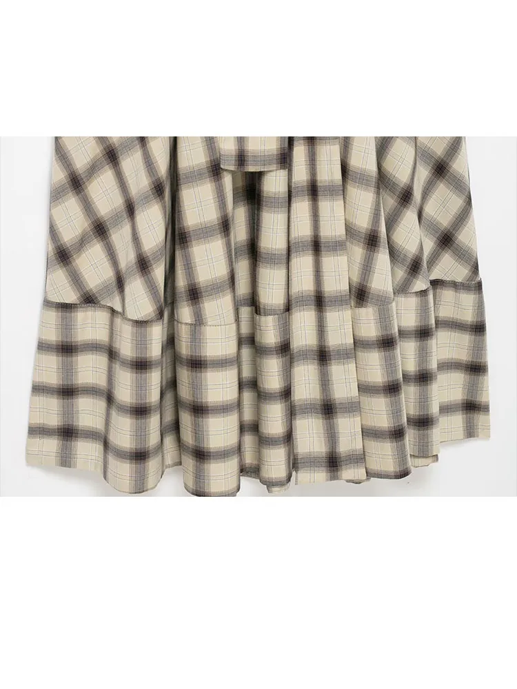 Sukienka damska w stylu retro, z okrągłym dekoltem, w kratę, z długim rękawem, elegancka, z paskiem, z kieszeniami, codzienna, o kroju litery A.