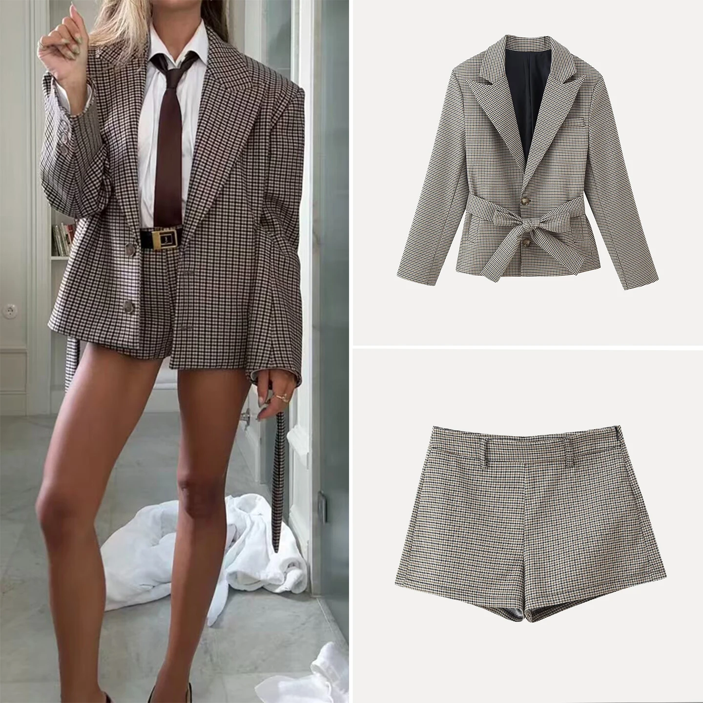 

Модный клетчатый костюм: пиджак и брюки для женщин, осень 2025, универсальный комплект в европейском стиле с длинными рукавами