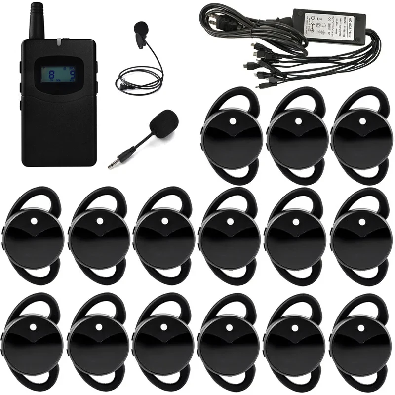 Wirelesslinkx Audio Guide System 1 Transmitter with 2 Microphones, 15 Ear Receivers, 1 Charger for Translation Tourism Teaching