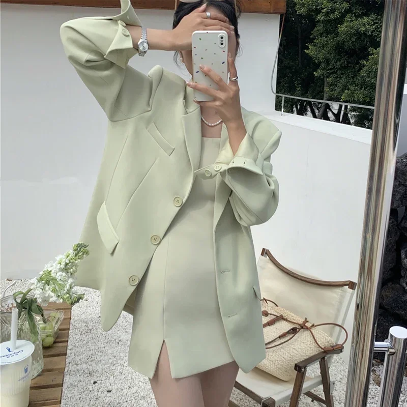 

Basics Blazer + Dress Women New Solid Button Loose Korean Notched Straight Pocket Single Breasted Casual Suspender Skirt Suit