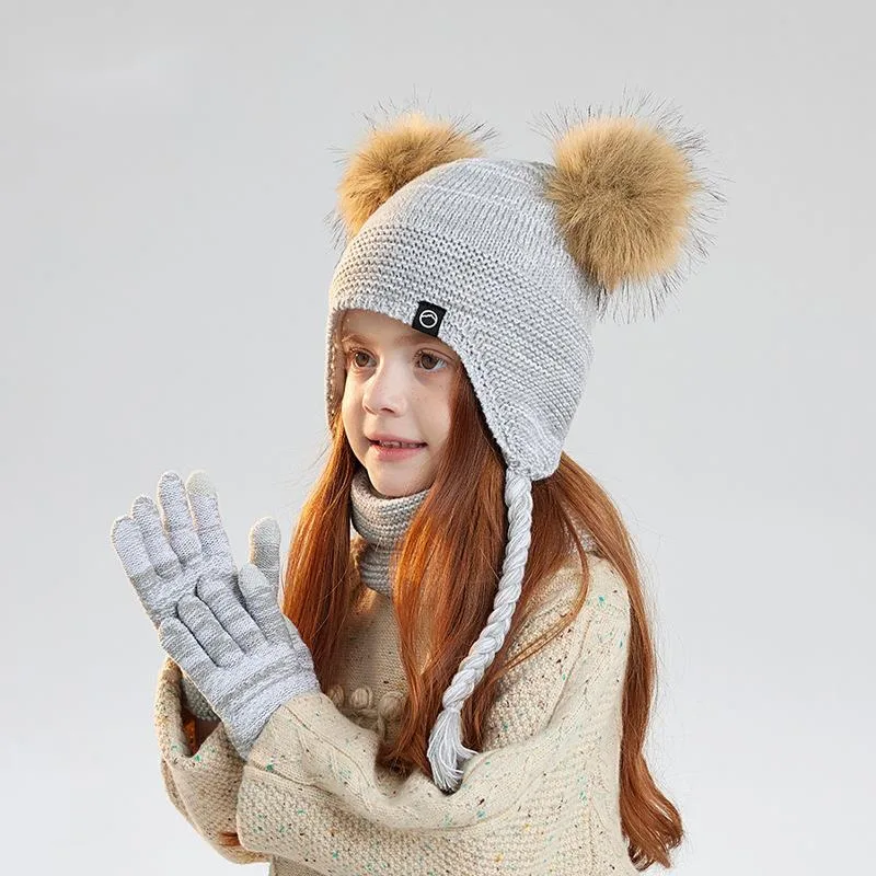 الشتاء بوم بوم الأطفال القبعات مجموعة محبوك يندبروف الفتيات الفتيان قبعات قفازات وشاح الصوف الدافئة في الهواء الطلق قبعات للأطفال القفازات