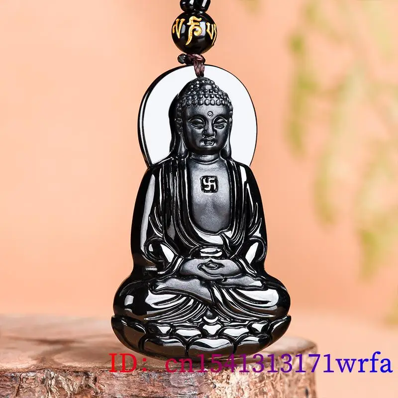 Black Myanmar Jade Buddhism Pendant Necklace Charm Carved Natural Burmese Jadeite Designer Vintage Stone Accessories