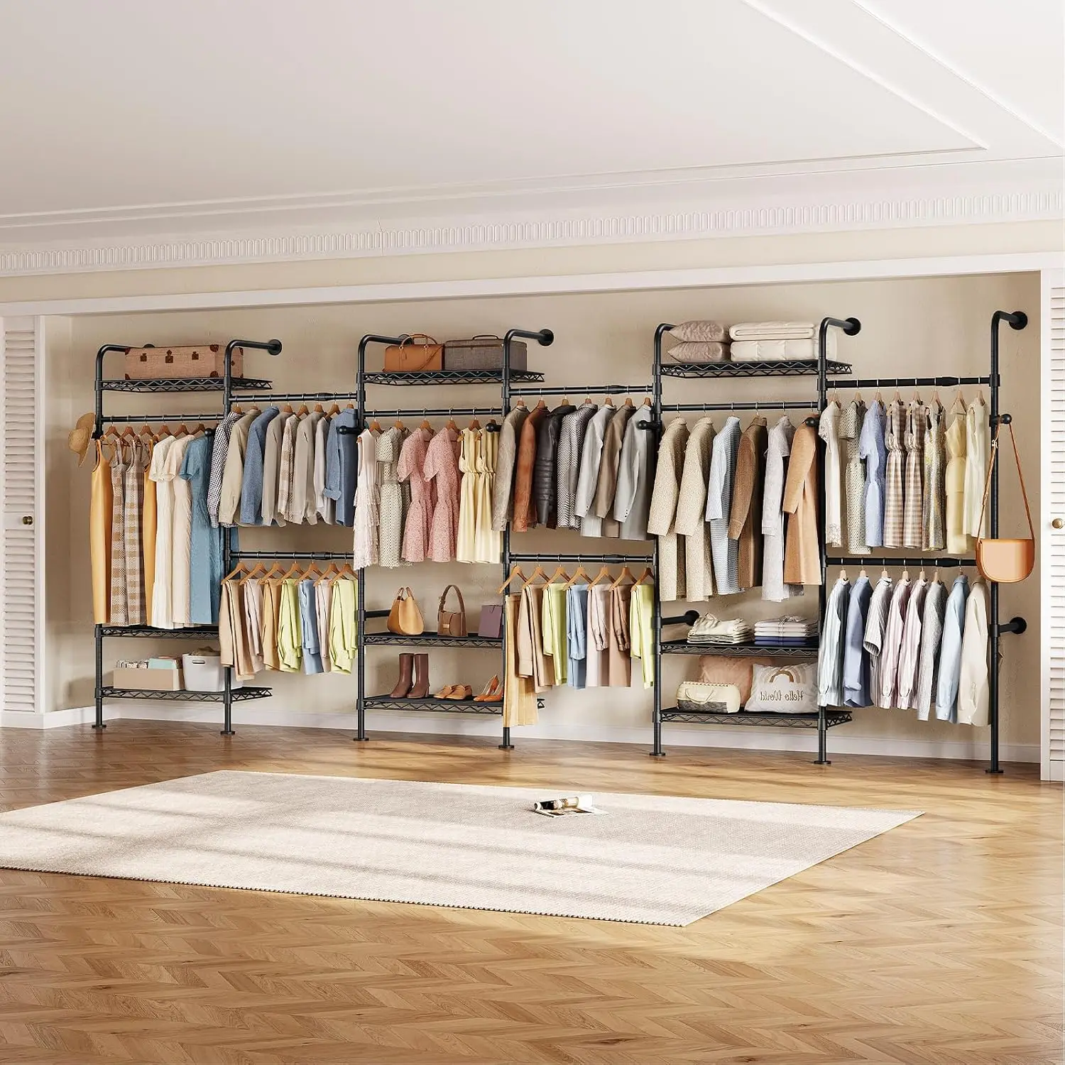 Heavy Heavy Duty 6-Row Clothes Rack Wall Mounted System with Telescopic & Fixed Rods Hooks Shelves for Bedroom Small Space, Customized - Aliexpress Deal